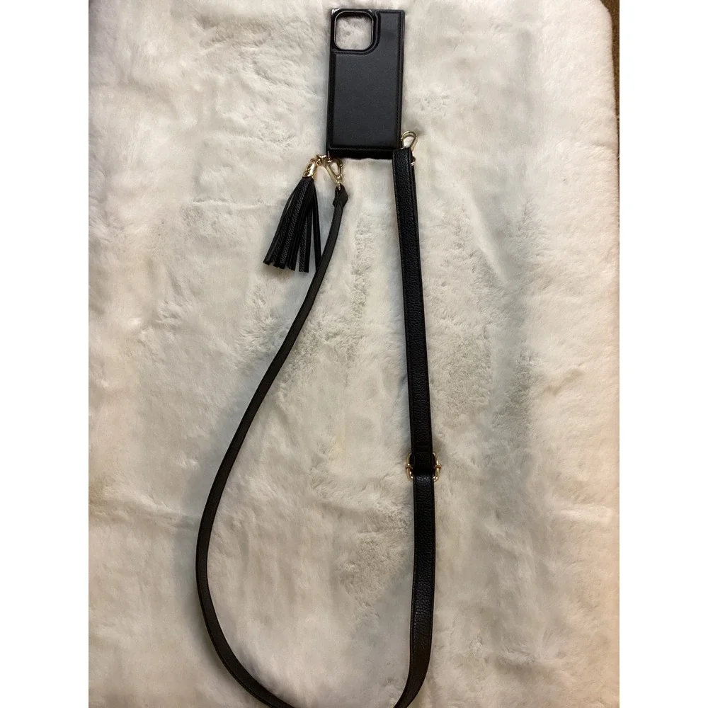 Black Leather Phone Case Wallet Crossbody Strap Tassel Gold‎ Hardware